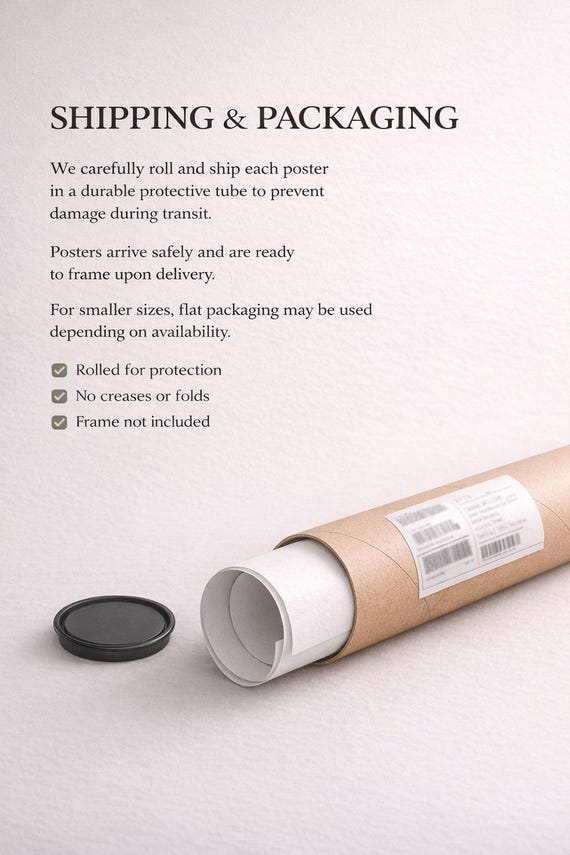 Packaging tube display showing durable cardboard shipping tube, rolled poster print, and protective packaging materials used to safely deliver high quality museum grade unframed poster art prints to customers without creasing or damage.