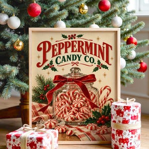 Peppermint Candy Wall Art, Vintage Christmas Kitchen Decor, Retro Holiday Art Print, Red Green Poster image 1