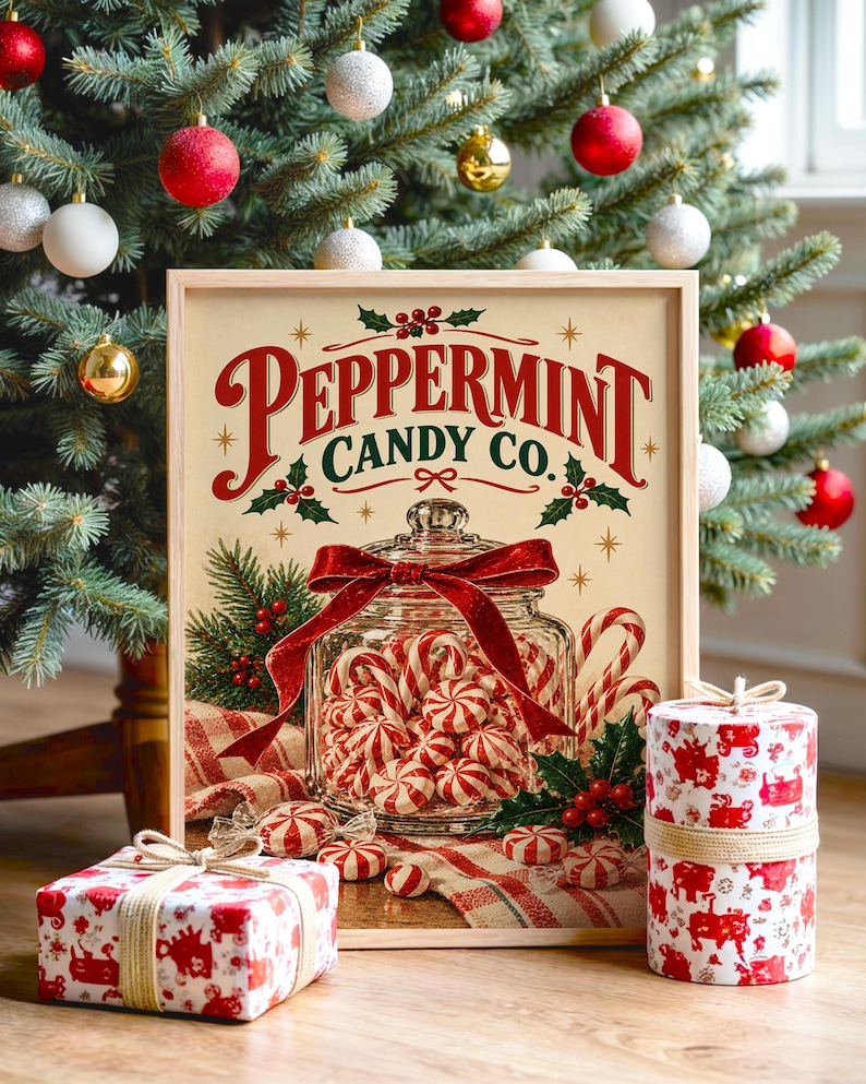 Peppermint Candy Wall Art, Vintage Christmas Kitchen Decor, Retro Holiday Art Print, Red Green Poster image 1