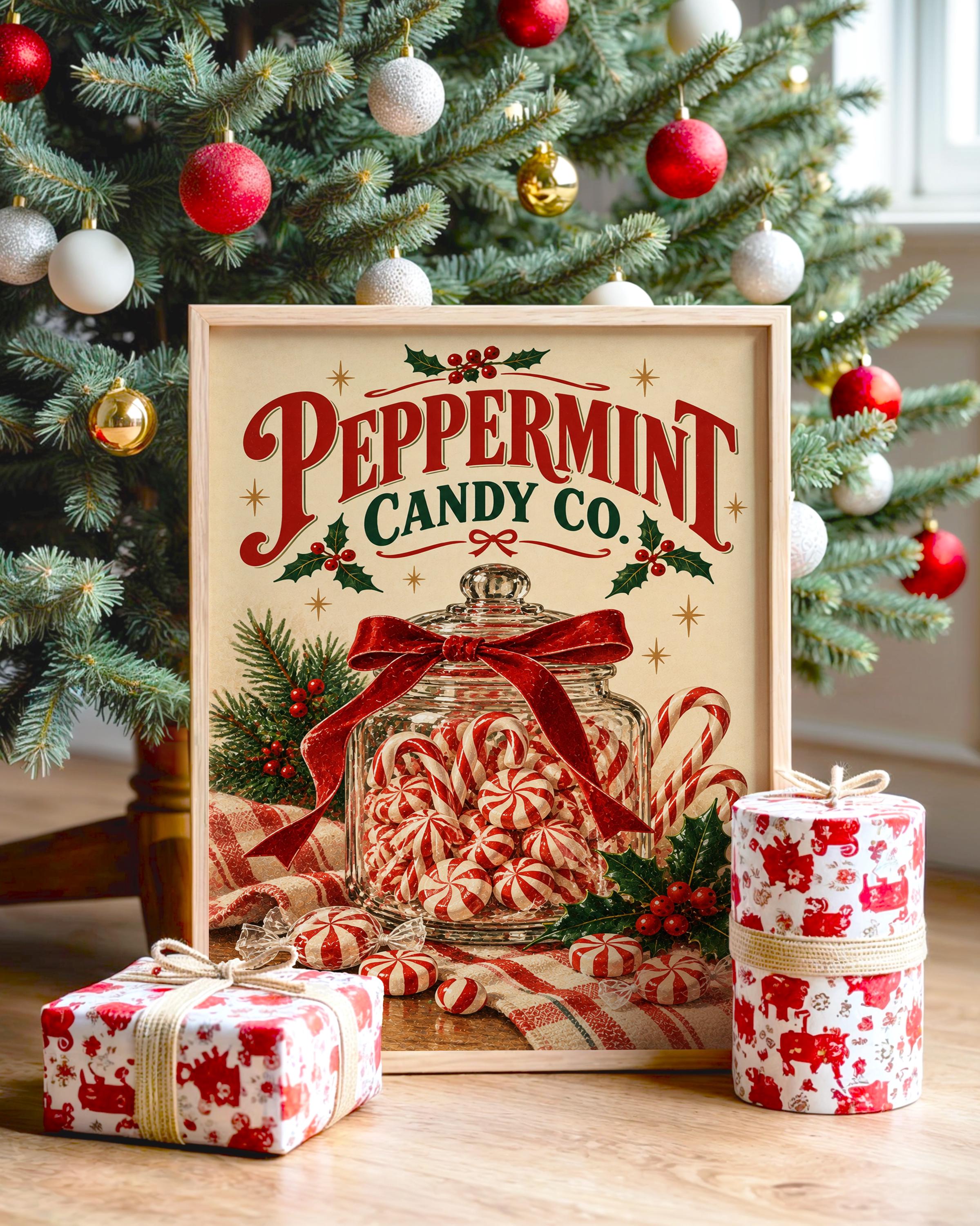 Peppermint Candy Wall Art, Vintage Christmas Kitchen Decor, Retro Holiday Art Print, Red Green Poster