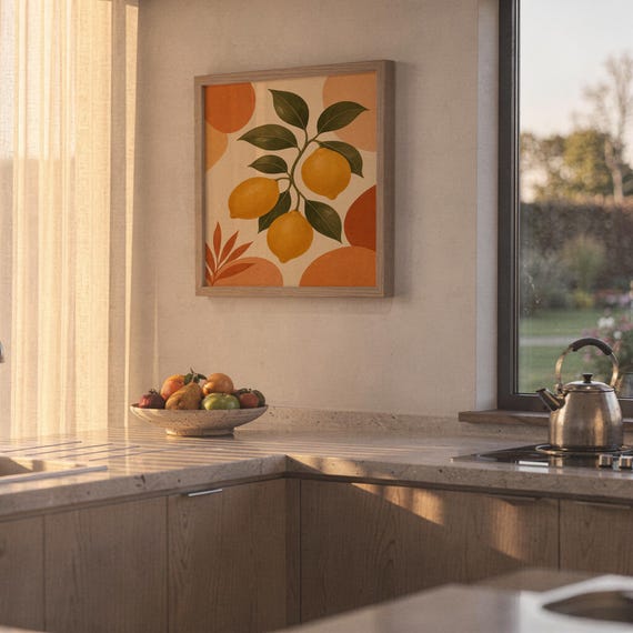 Lemon branch botanical print hanging in a high-rise apartment living room with a city skyline view.
