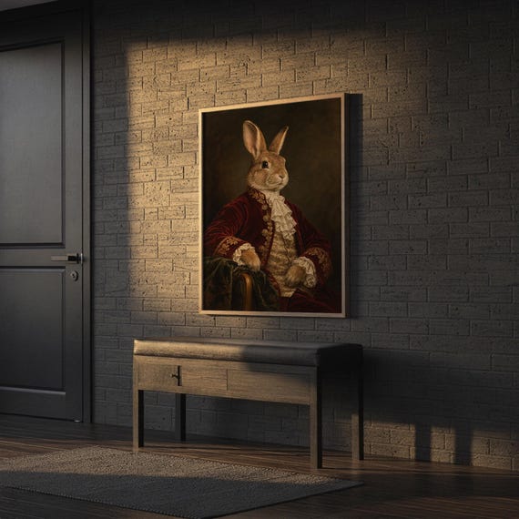 Regal rabbit portrait wall art print hanging above a stone countertop with a fruit bowl in a sunny kitchen.