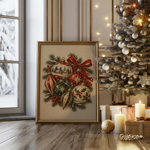 Vintage Christmas Ornaments Wall Art, Rustic Holiday Decor Poster, Red Green Botanical Art Print zdjęcie 12