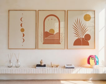 Láminas decorativas de pared, set de 3 pósteres boho terracota con sol y fases lunares, arte abstracto de mediados de siglo