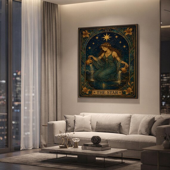 The star tarot card wall art print hanging above a light gray sofa in a modern living room with evening city views through tall windows.