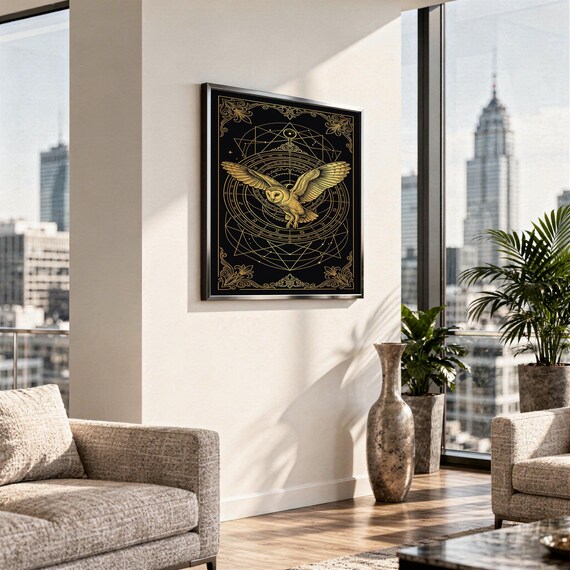 Celestial owl wall art print standing on a white kitchen counter beside potted herbs.