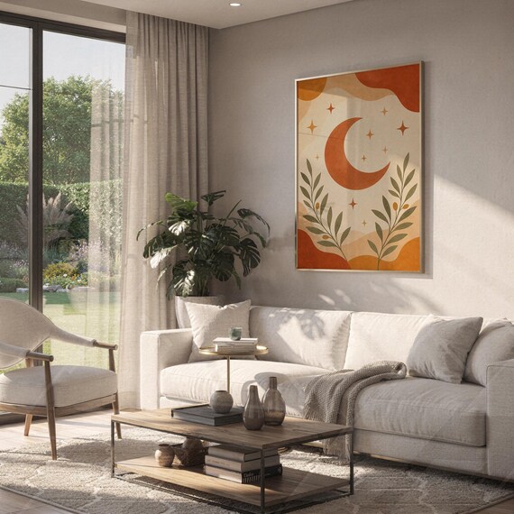 Terracotta crescent moon and olive branch print hanging above a white sofa in a living room with garden views.