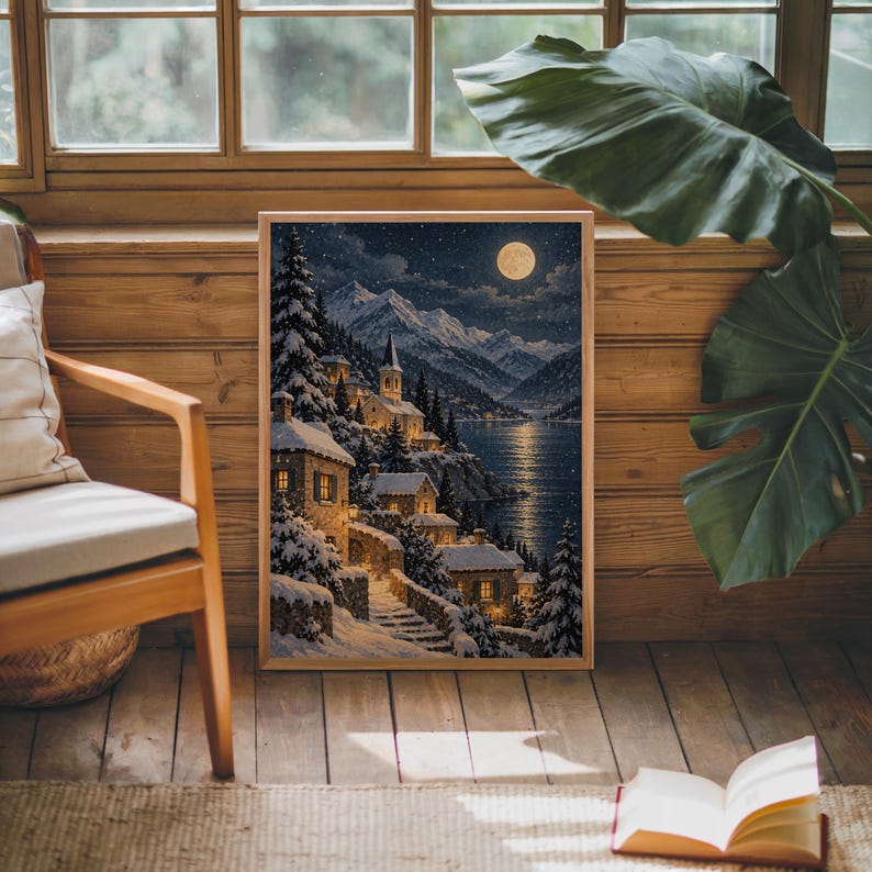 Snowy mountain village wall art print leaning against warm wood paneling beside a wooden armchair and a monstera plant.