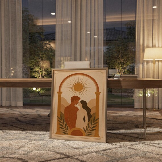 Framed bohemian art print placed on the floor in front of floor-to-ceiling glass patio doors during warm evening twilight.