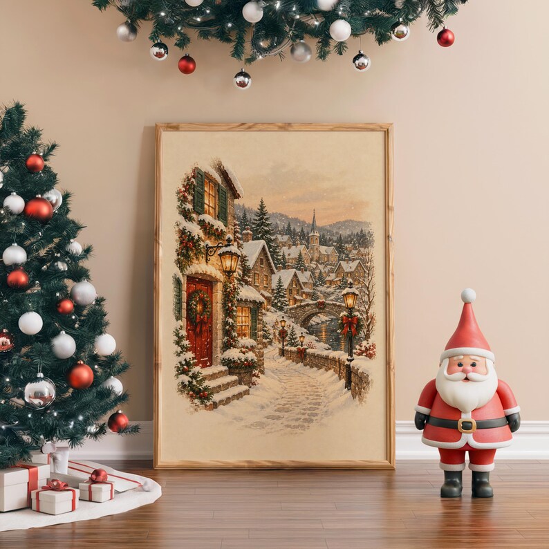 Christmas Village Wall Art, Vintage Winter Town Poster, Snowy Cottage Holiday Art Print, Cozy Rustic Decor image 5