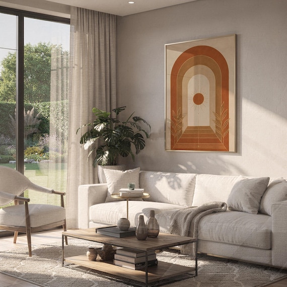 Boho arch sun wall art print hanging above a white sofa in a living room with garden views.