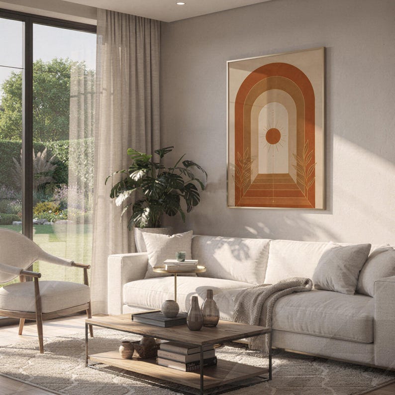 Boho arch sun wall art print hanging above a white sofa in a living room with garden views.