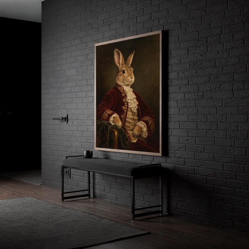 Regal rabbit portrait wall art print hanging in a high-rise apartment living room with a city skyline view.