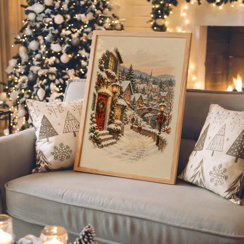 Christmas Village Wall Art, Vintage Winter Town Poster, Snowy Cottage Holiday Art Print, Cozy Rustic Decor image 3