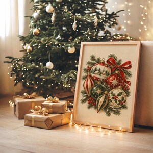 Vintage Christmas Ornaments Wall Art, Rustic Holiday Decor Poster, Red Green Botanical Art Print zdjęcie 8