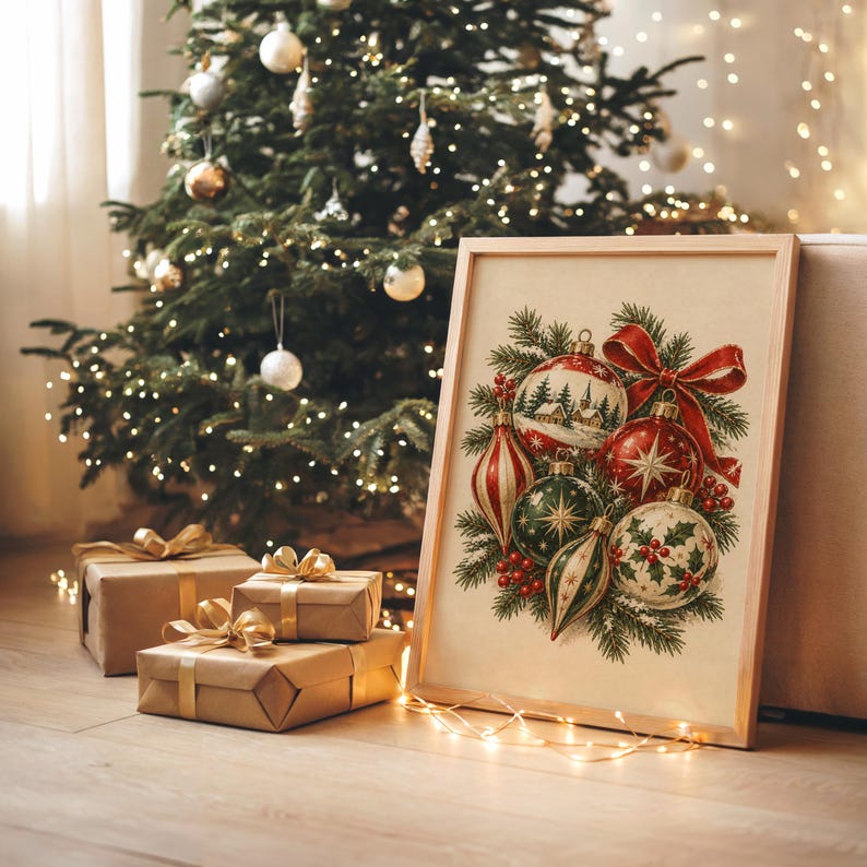 Vintage Christmas Ornaments Wall Art, Rustic Holiday Decor Poster, Red Green Botanical Art Print zdjęcie 8