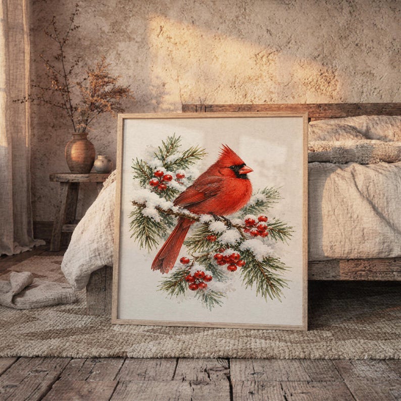 Red Cardinal Winter Wall Art, Watercolor Snowy Pine Bird Poster, Christmas Nature Art Print bild 5