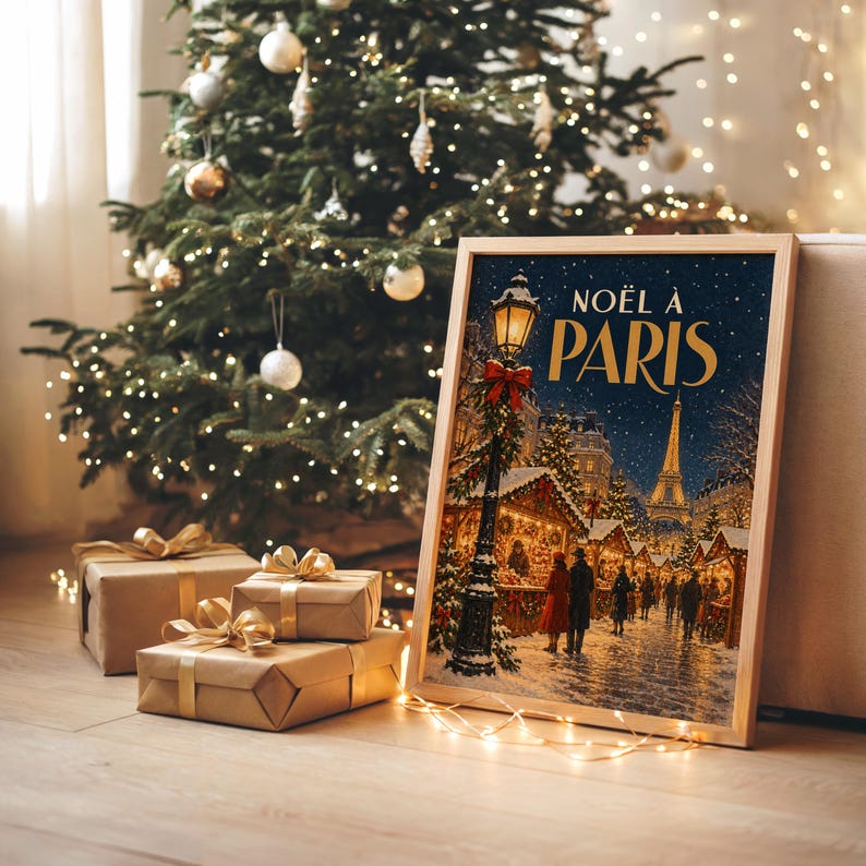 Wandbild „Pariser Weihnachtsmarkt“, Vintage-Weihnachtsplakat aus Frankreich, Kunstdruck „Eiffelturm im Winter“ Bild 5