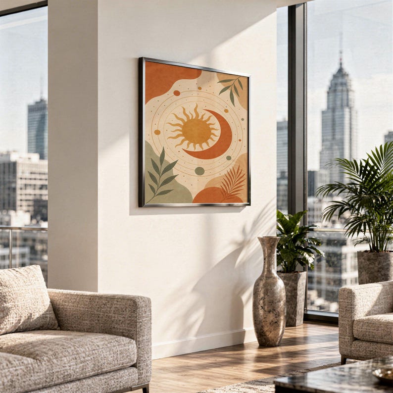 Celestial sun and moon art print hanging in a high-rise apartment living room with a city skyline view.