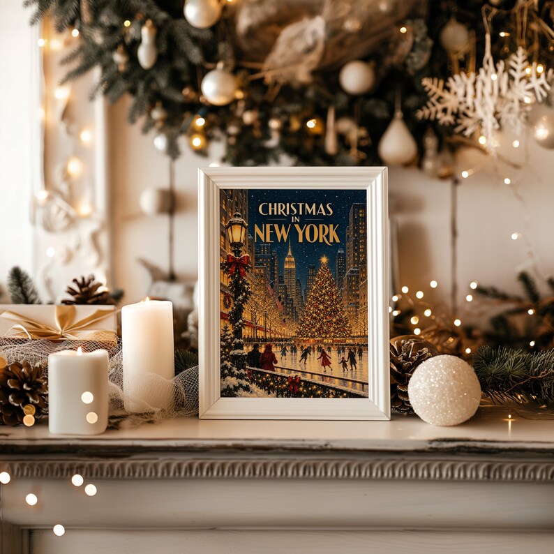Christmas in New York Wall Art, Vintage NYC Holiday Cityscape Poster, Rockefeller Tree Ice Skating Art Print Bild 15