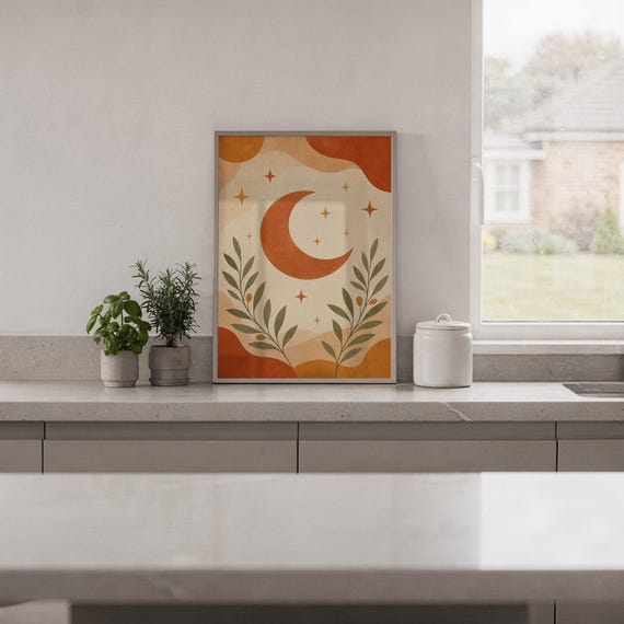 Terracotta crescent moon and olive branch print hanging in a high-rise apartment living room with a city skyline view.