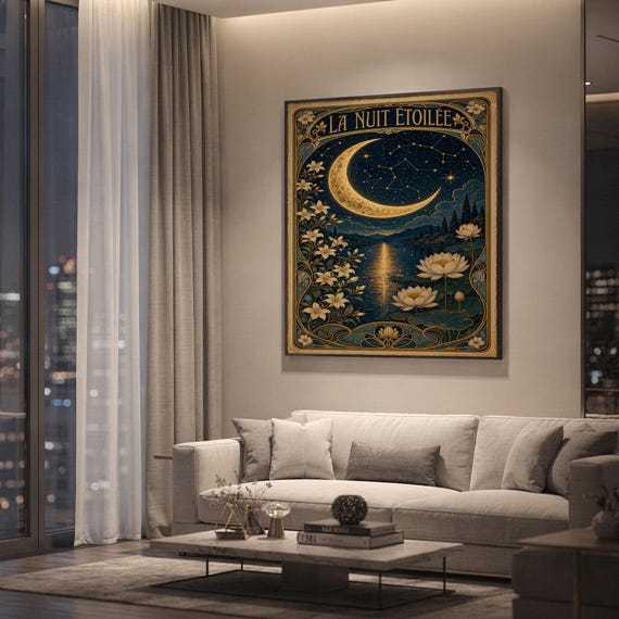 An Art Nouveau moon framed poster hangs on a wall above a sofa in a living room.
