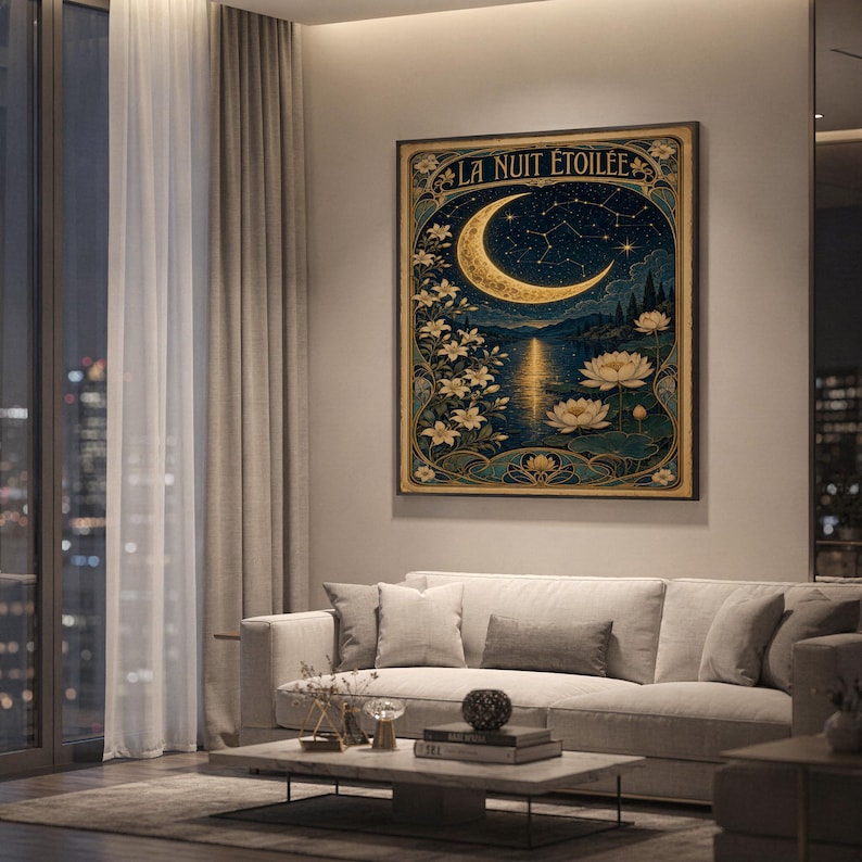 An Art Nouveau moon framed poster hangs on a wall above a sofa in a living room.