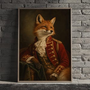 Fox portrait wall art print featuring rich russet orange fur, a deep crimson military uniform, antique gold trim, ivory lace, and a dark painterly background, framed and leaning against a beige sofa on a textured rug in a bright Scandinavian living room.