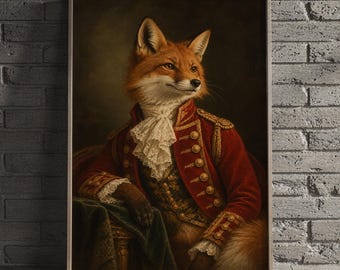 Rävtavla, vintage djurporträtt, barock konstposter, kunglig poster med röd uniform