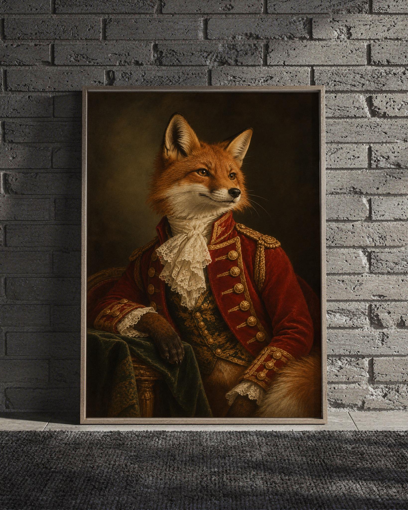 Fox portrait wall art print featuring rich russet orange fur, a deep crimson military uniform, antique gold trim, ivory lace, and a dark painterly background, framed and leaning against a beige sofa on a textured rug in a bright Scandinavian living room.