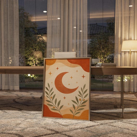 Terracotta crescent moon and olive branch print standing on a wooden desk in a home office in warm evening light.