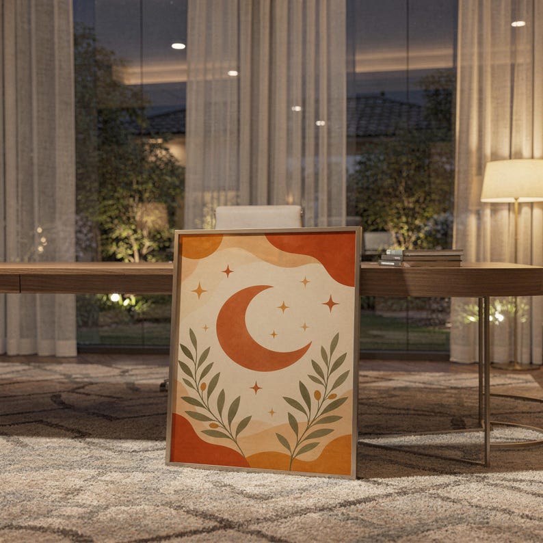 Terracotta crescent moon and olive branch print standing on a wooden desk in a home office in warm evening light.