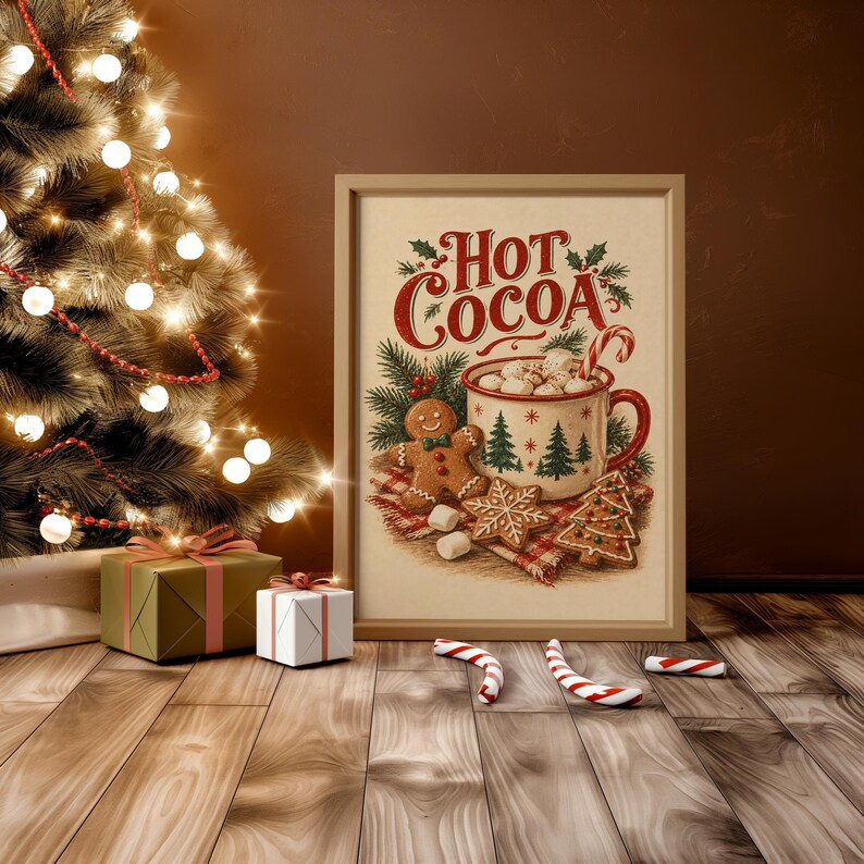 Hot Cocoa Christmas Wall Art, Vintage Gingerbread Cookie Kitchen Poster, Rustic Holiday Art Print zdjęcie 13