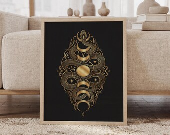 May include: A framed wall art print featuring a gold-colored illustration of a snake coiled around a series of moon phases on a solid black background. The design is symmetrical, incorporating decorative leaf motifs and small four-pointed stars.
