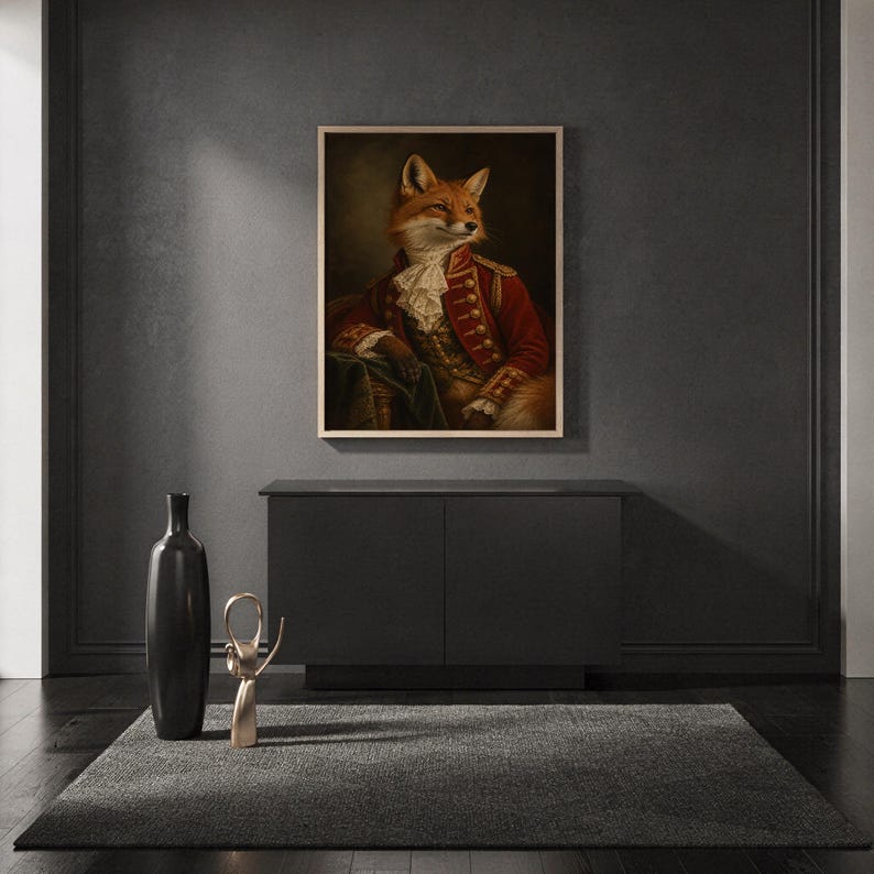 Fox portrait wall art print standing on a countertop in a modern white kitchen.