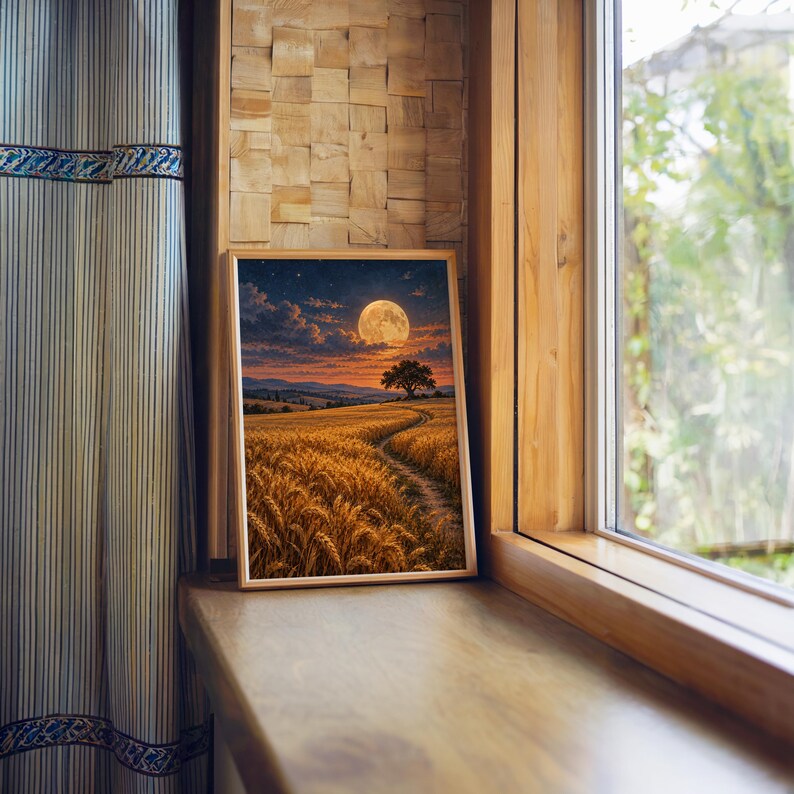 Moon wall art print standing on a wooden window sill in warm natural light.