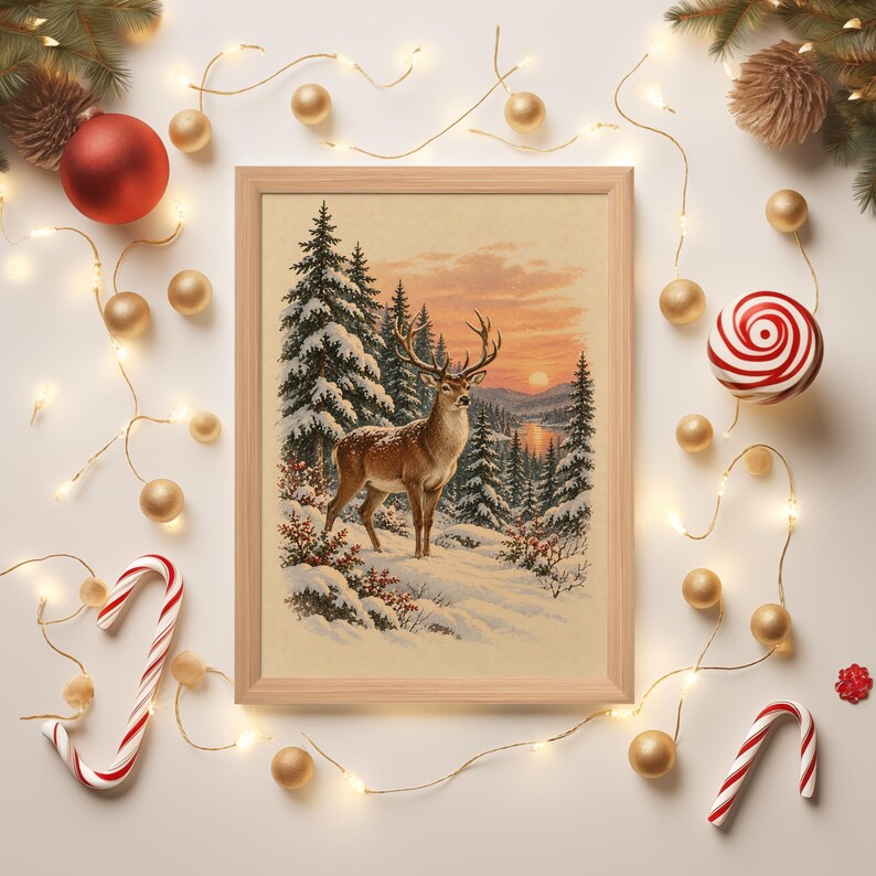 Winter Deer Wall Art, Snowy Forest Sunset Wildlife Art Print, Rustic Cabin Poster Bild 9