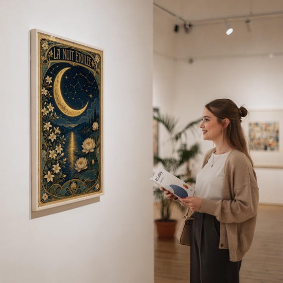 A woman holding a brochure while looking at a framed vertical art print titled La Nuit Etoilee on a gallery wall.