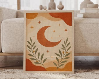 Peut inclure: Une impression d'art murale encadrée présentant un croissant de lune orange brûlé central entouré de petites étoiles à quatre branches. Deux branches d'olivier symétriques aux feuilles vertes et petites olives s'élèvent sur un fond crème.