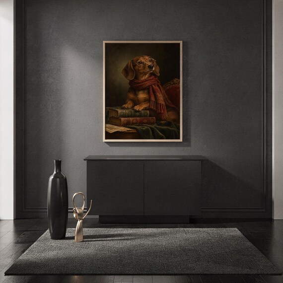 Dachshund wall art print standing on a countertop in a modern white kitchen.