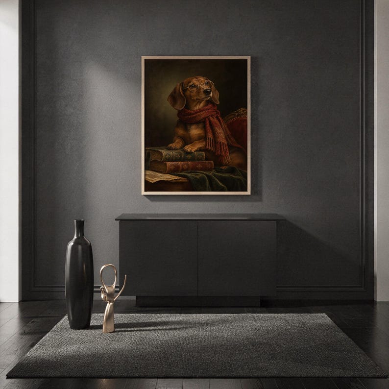 Dachshund wall art print standing on a countertop in a modern white kitchen.