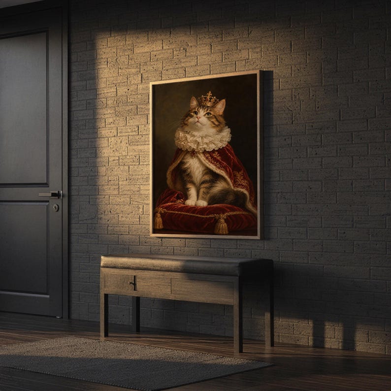 Royal cat portrait wall art print hanging in a high-rise apartment living room with a city skyline view.
