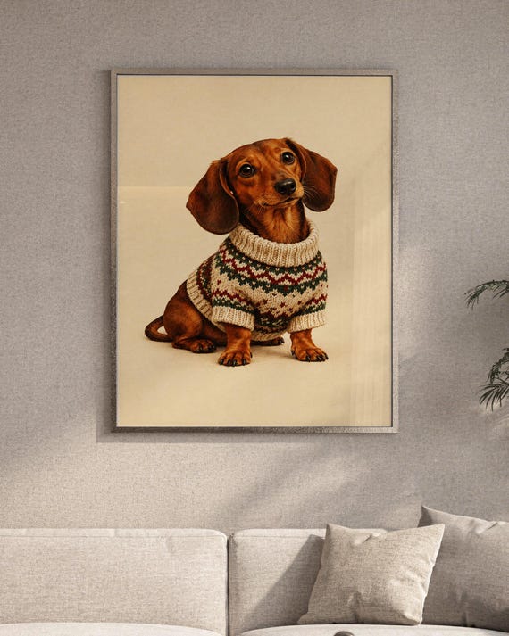 Dachshund sweater wall art print featuring a warm chestnut brown dachshund in a cream knit sweater with festive green and rust-red patterns, set against a soft beige background, framed and leaning against a beige sofa on a textured rug in a bright Scandinavian living room.