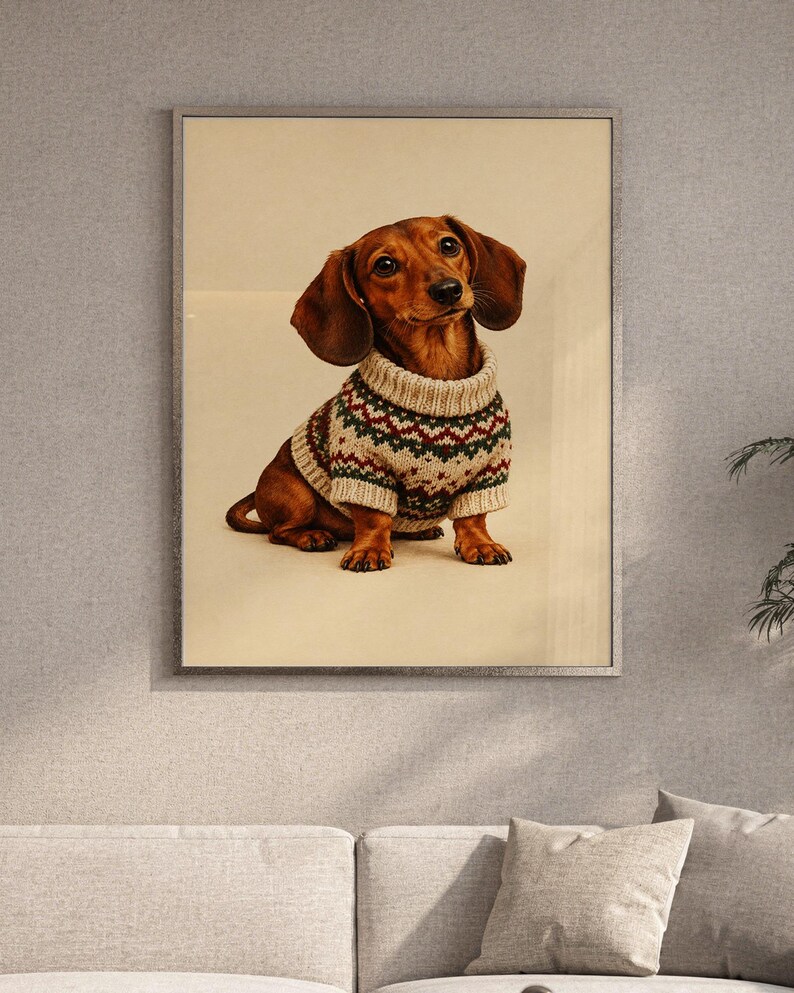 Dachshund sweater wall art print featuring a warm chestnut brown dachshund in a cream knit sweater with festive green and rust-red patterns, set against a soft beige background, framed and leaning against a beige sofa on a textured rug in a bright Scandinavian living room.
