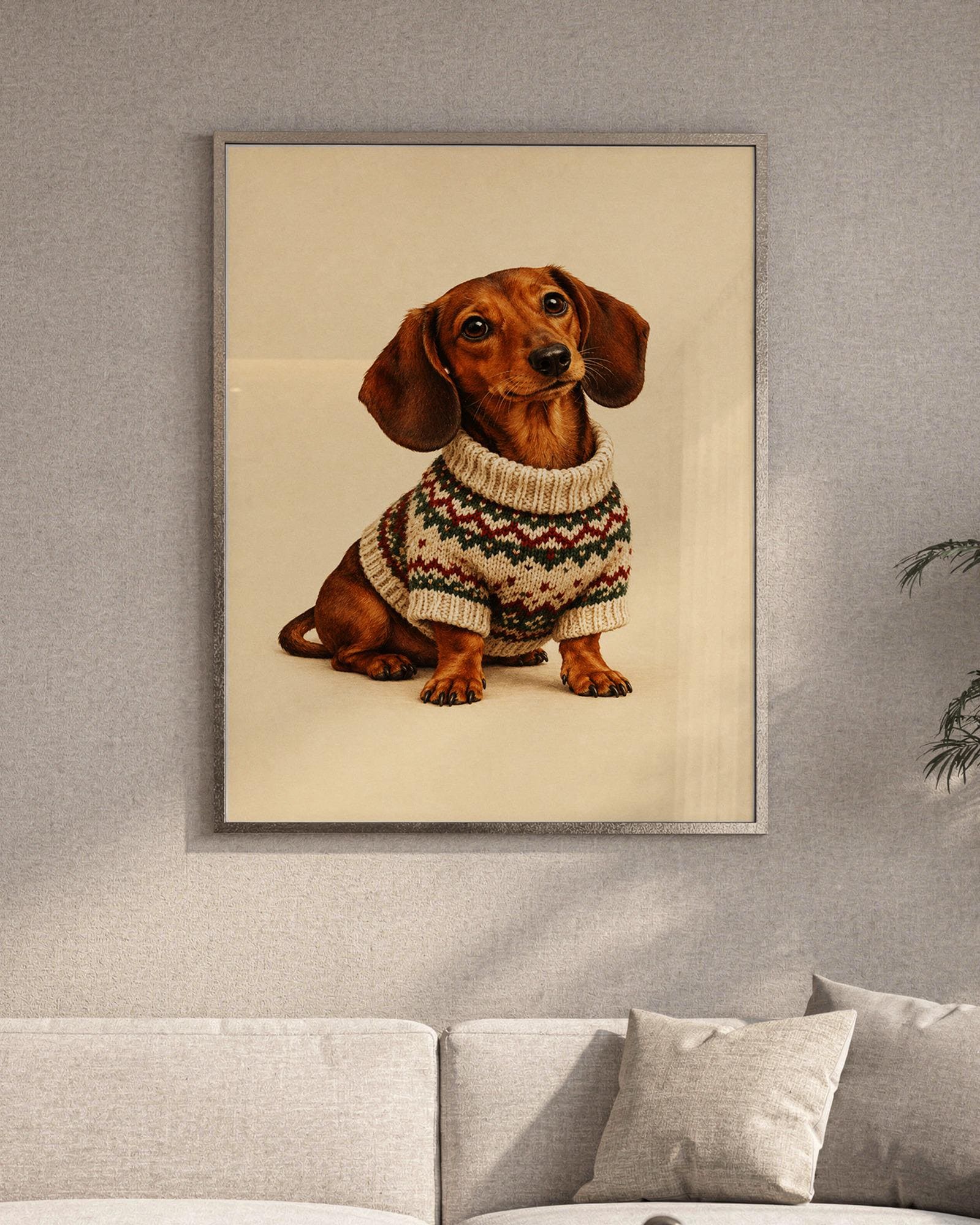 Dachshund sweater wall art print featuring a warm chestnut brown dachshund in a cream knit sweater with festive green and rust-red patterns, set against a soft beige background, framed and leaning against a beige sofa on a textured rug in a bright Scandinavian living room.