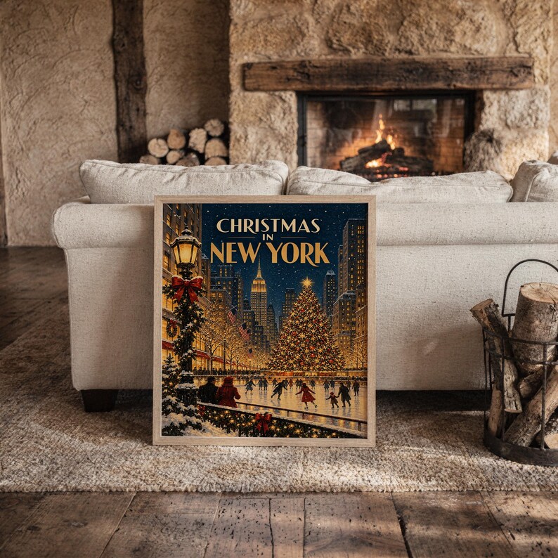 Christmas in New York Wall Art, Vintage NYC Holiday Cityscape Poster, Rockefeller Tree Ice Skating Art Print Bild 14