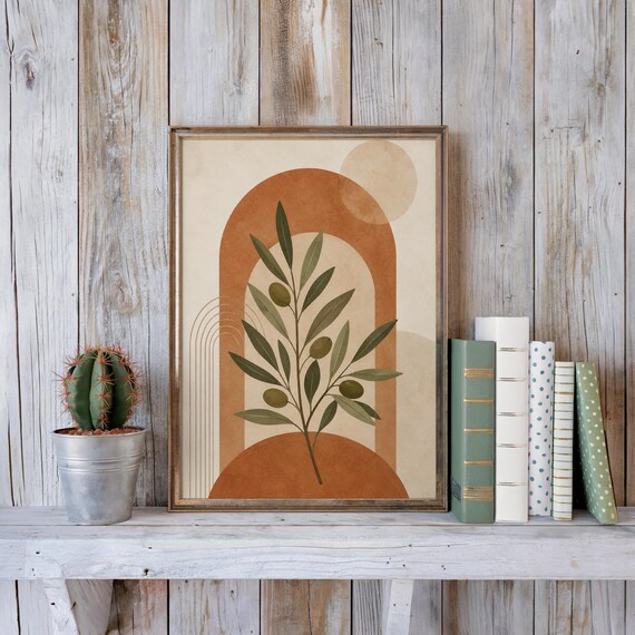 Earthy olive branch print on rustic shelf with books and cactus