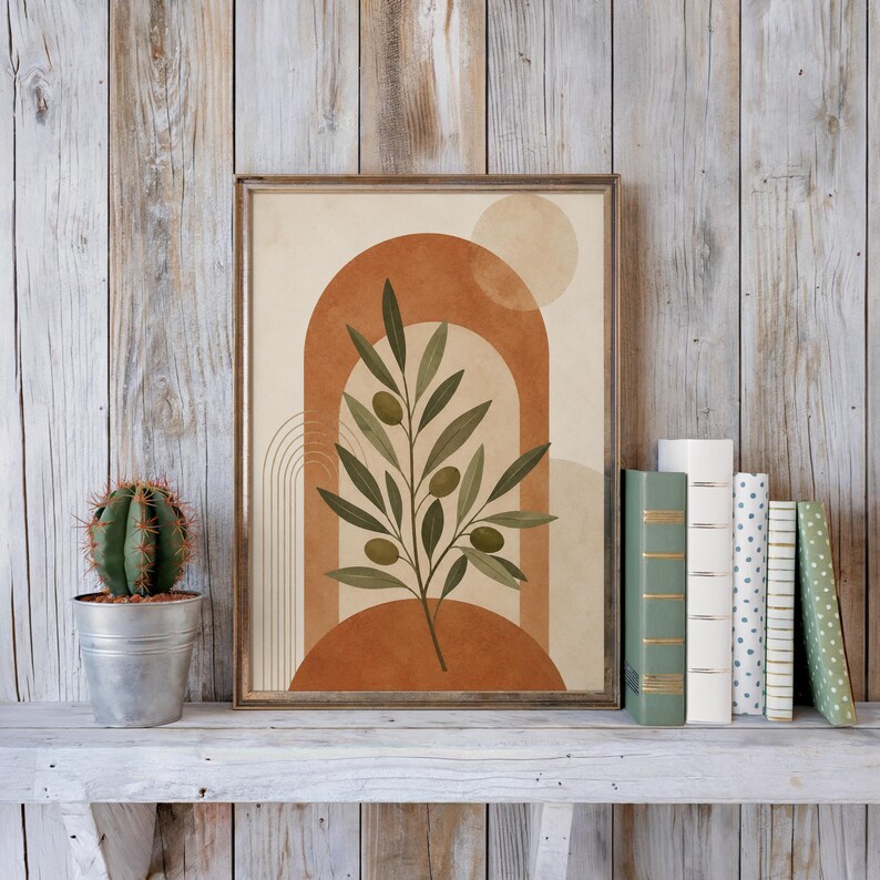 Earthy olive branch print on rustic shelf with books and cactus