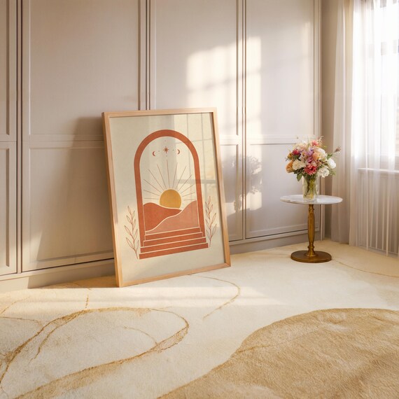 Mid century sun print in spacious minimalist room with soft neutral rug