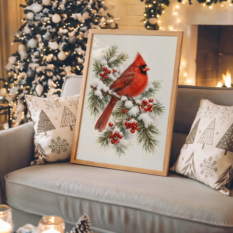 Red Cardinal Winter Wall Art, Watercolor Snowy Pine Bird Poster, Christmas Nature Art Print bild 3